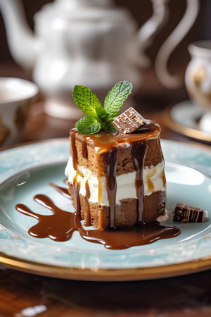 Piece of chocolate cake with caramel sauce and mint on a plateの素材