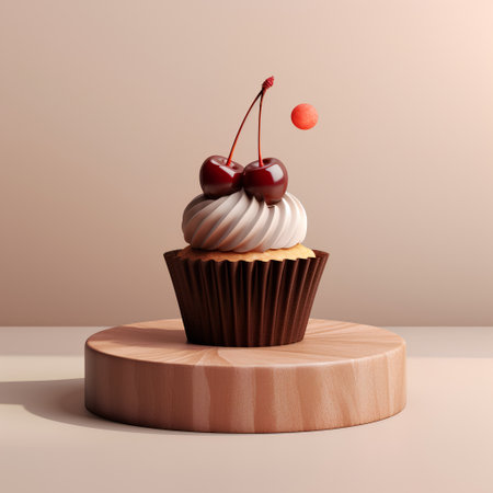 Cupcake with cherry on a wooden stand. 3d renderingの素材
