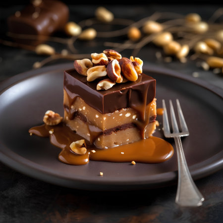 Piece of chocolate cake with nuts and caramel on a dark backgroundの素材