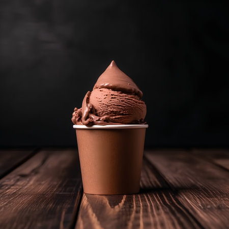 Chocolate ice cream in a paper cup on a wooden background.の素材