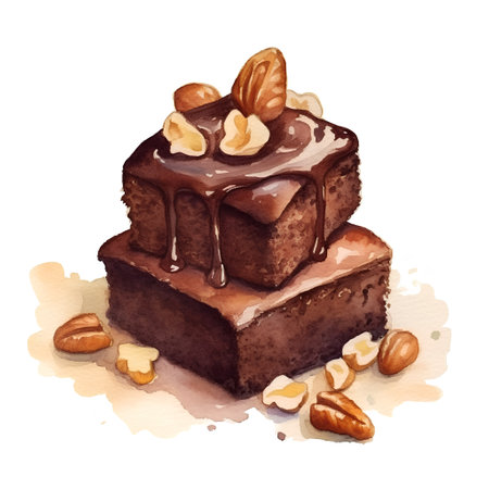 Watercolor illustration of chocolate cake with nuts on a white background.の素材