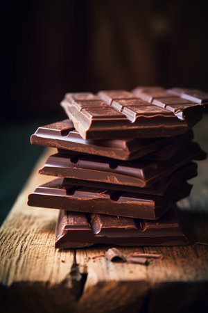 Chocolate bars on a wooden background. Shallow depth of field. Toned.の素材