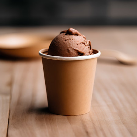 Chocolate ice cream in a paper cup on a wooden table.の素材