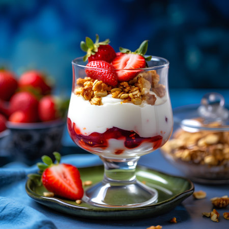 Greek yogurt with granola and strawberries in a glass on a blue backgroundの素材