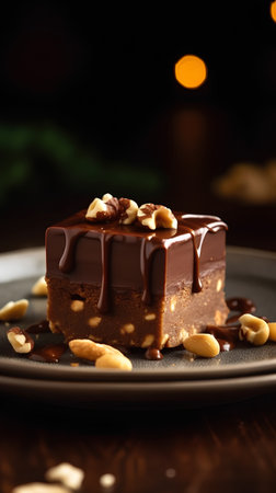 chocolate cake with hazelnuts and caramel on a dark backgroundの素材