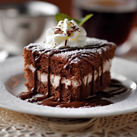 Chocolate cake with whipped cream and chocolate glaze, selective focusの素材
