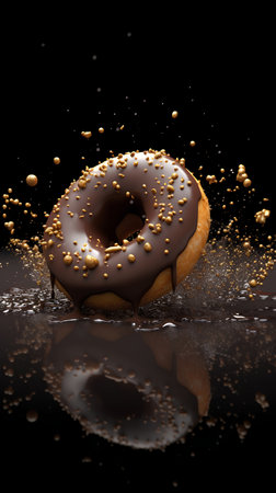 Chocolate donut with sprinkles on a black background. 3d renderingの素材