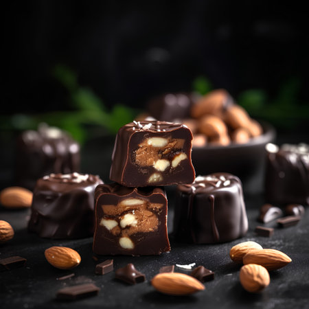 Chocolate candies with nuts and chocolate chips on a black backgroundの素材