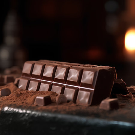 Chocolate bar with cocoa powder on dark background. Selective focus.の素材
