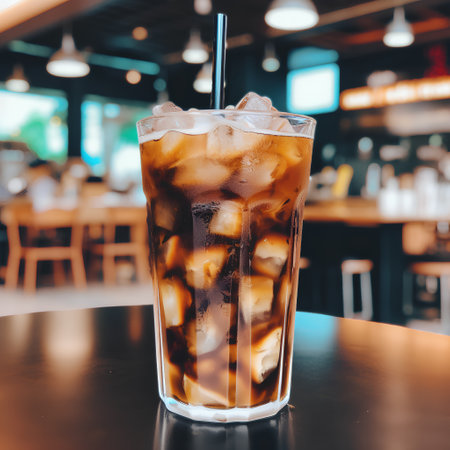 Iced coffee in glass on table in coffee shop - Vintage effect style picturesの素材