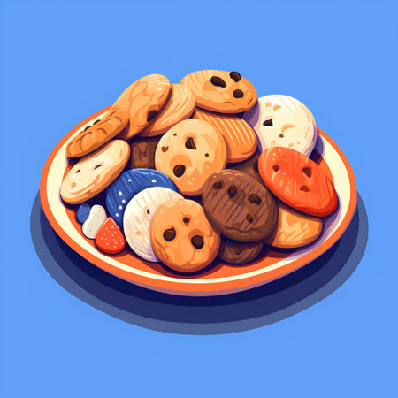 Chocolate chip cookies in plate on blue background. Vector illustration.の素材