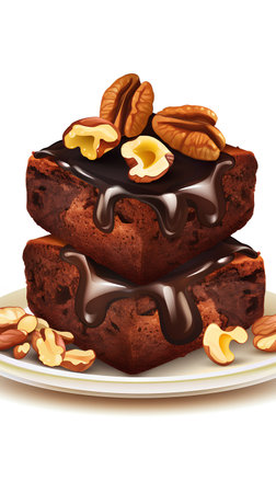 Chocolate cake with nuts on a plate. Vector realistic illustration.の素材