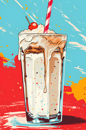 Milkshake with whipped cream and cherry. Vector illustration in sketch style.の素材