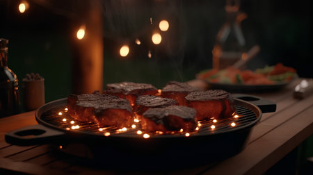 Grilled meat on a barbecue grill in a restaurant. Selective focus.の素材