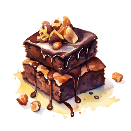 Hand drawn watercolor illustration of chocolate cake with nuts on white backgroundの素材