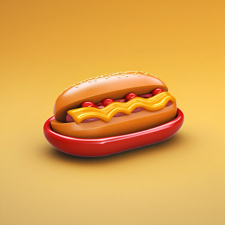 Hot dog with mustard and ketchup 3d render on yellow backgroundの素材