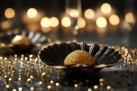 Elegant golden candies on a dark background with bokehの素材