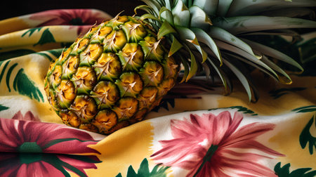Pineapple on a colorful tablecloth, close-up.の素材