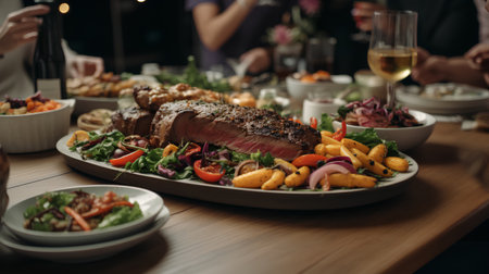 Tasty grilled beef steak with fresh vegetables on wooden table in restaurantの素材