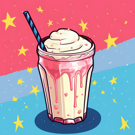 Vector illustration of a milkshake with whipped cream in a glass.の素材