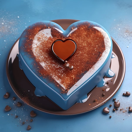 Heart-shaped cake with chocolate and cocoa powder on a blue backgroundの素材