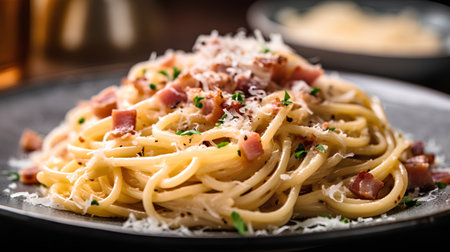 Spaghetti Carbonara with bacon, parmesan cheese and herbsの素材