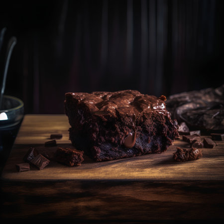 Chocolate brownie on a wooden table. Selective focus. Toned.の素材