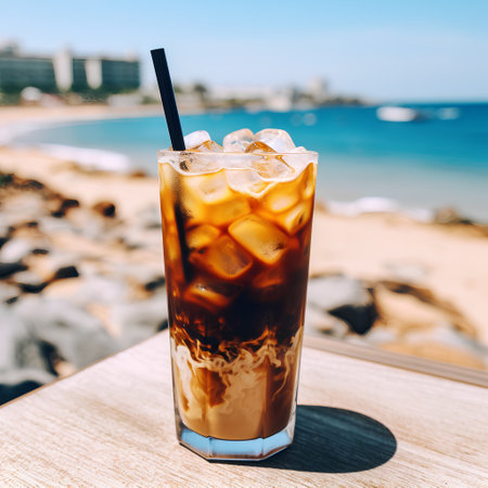 Iced coffee with ice cubes on the beach. Selective focus.の素材