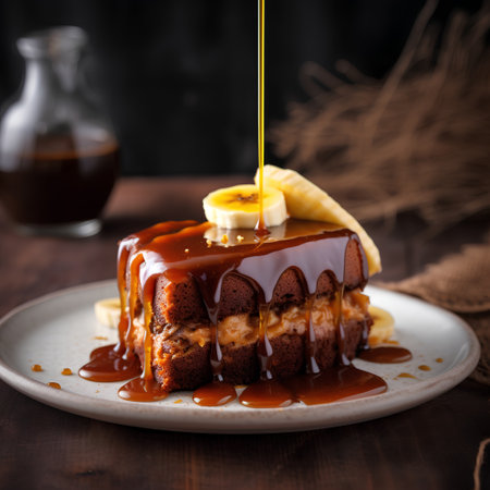 Caramel cake with banana and caramel sauce on a wooden background.の素材