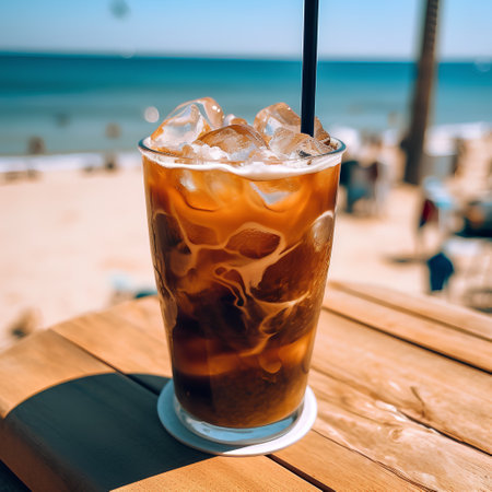 Iced coffee with ice cubes on the beach. Selective focus.の素材