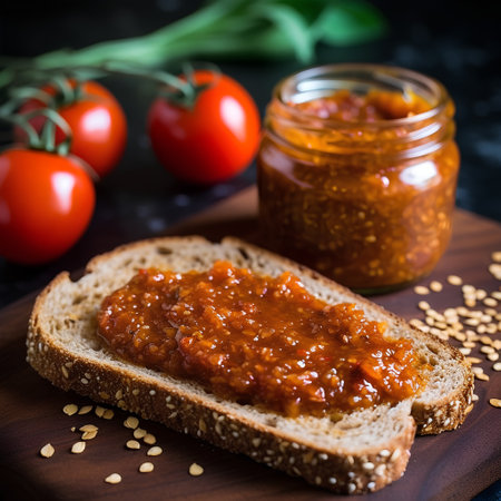 Homemade tomato chutney in a jar on a black backgroundの素材