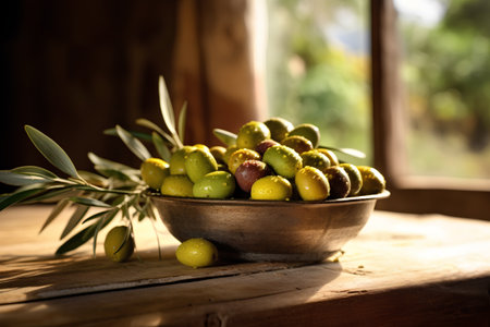 olives in a bowl on a wooden table in a rustic styleの素材