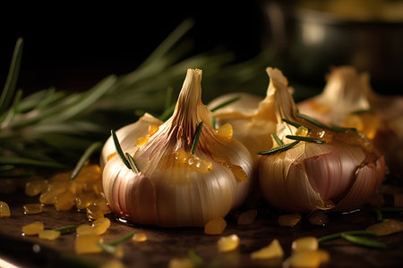 Garlic and rosemary on a dark background. Selective focus.の素材