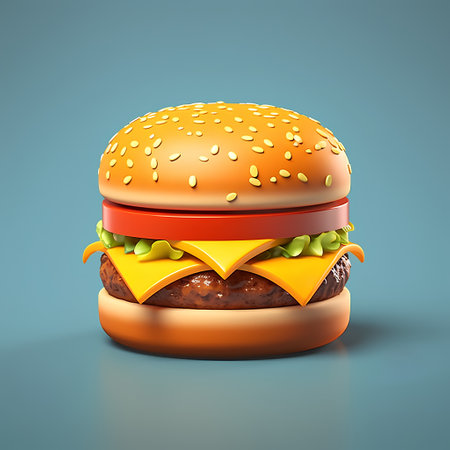 Big cheeseburger isolated on blue background. 3d illustration.の素材