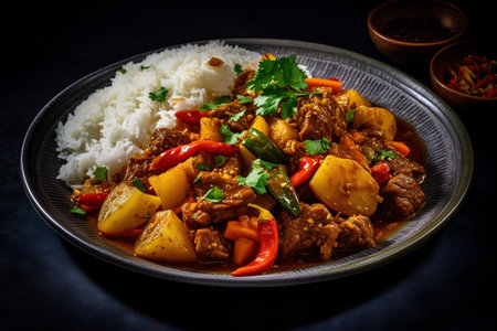 beef with vegetables and rice asian food style on dark backgroundの素材