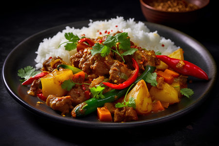 Stir fry beef with vegetables and rice on black background, selective focusの素材