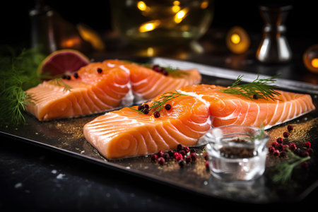 Raw salmon fillets with herbs and spices on a black background.の素材