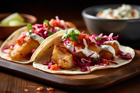 Grilled fish tacos with red cabbage, sour cream and mayonnaiseの素材