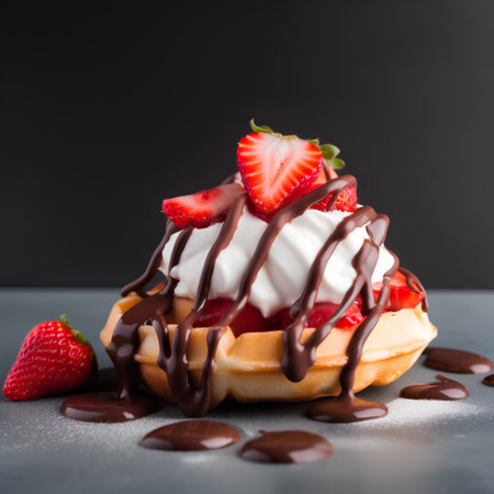 Belgian waffles with strawberries, whipped cream and chocolate on dark backgroundの素材