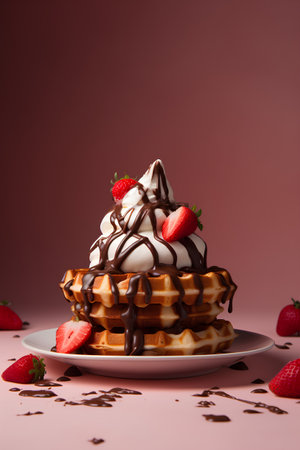 Belgian waffles with strawberries and chocolate on a pink background.の素材