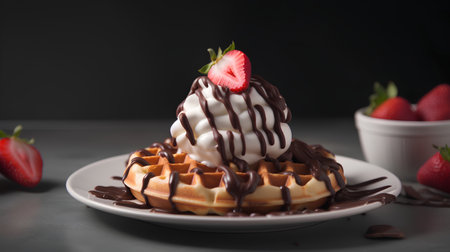 Belgian waffles with strawberries and whipped cream on a dark backgroundの素材
