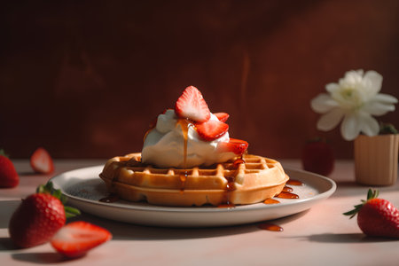 Belgian waffles with strawberries and whipped cream on a red backgroundの素材