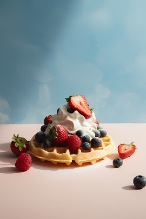 Belgian waffles with whipped cream and fresh berries on pastel pink backgroundの素材