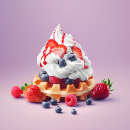 Belgian waffle with whipped cream and fresh berries, 3d illustrationの素材