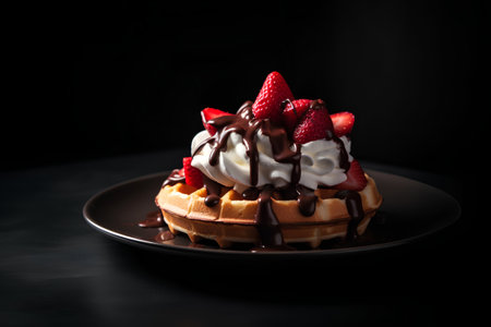 Belgian waffles with strawberries and whipped cream on a black backgroundの素材