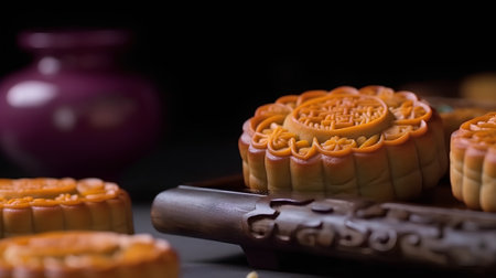 Moon cakes for Mid-Autumn Festival on black background, selective focusの素材