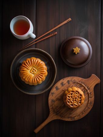 Moon cake and tea on wooden table. Top view with copy spaceの素材