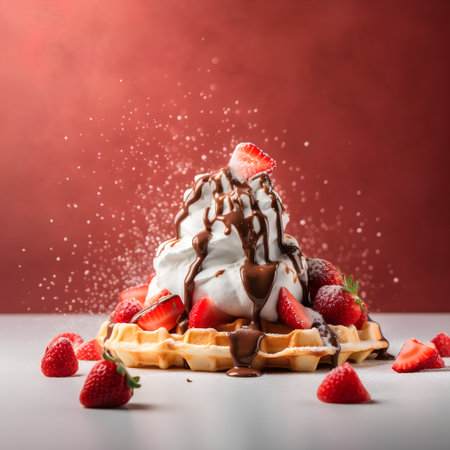 Belgian waffles with whipped cream and strawberry on a red backgroundの素材