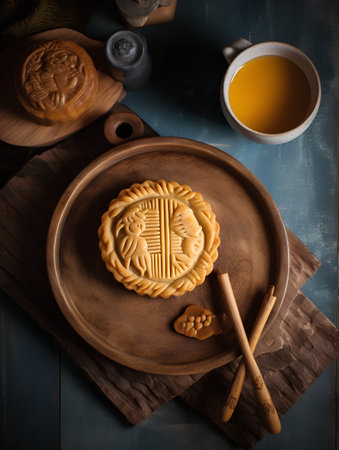 Moon cakes for Mid-Autumn Festival on rustic wooden backgroundの素材