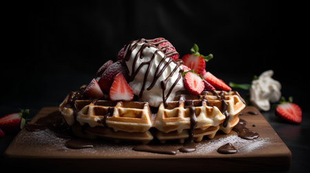 Belgian waffles with strawberries and whipped cream on a dark backgroundの素材